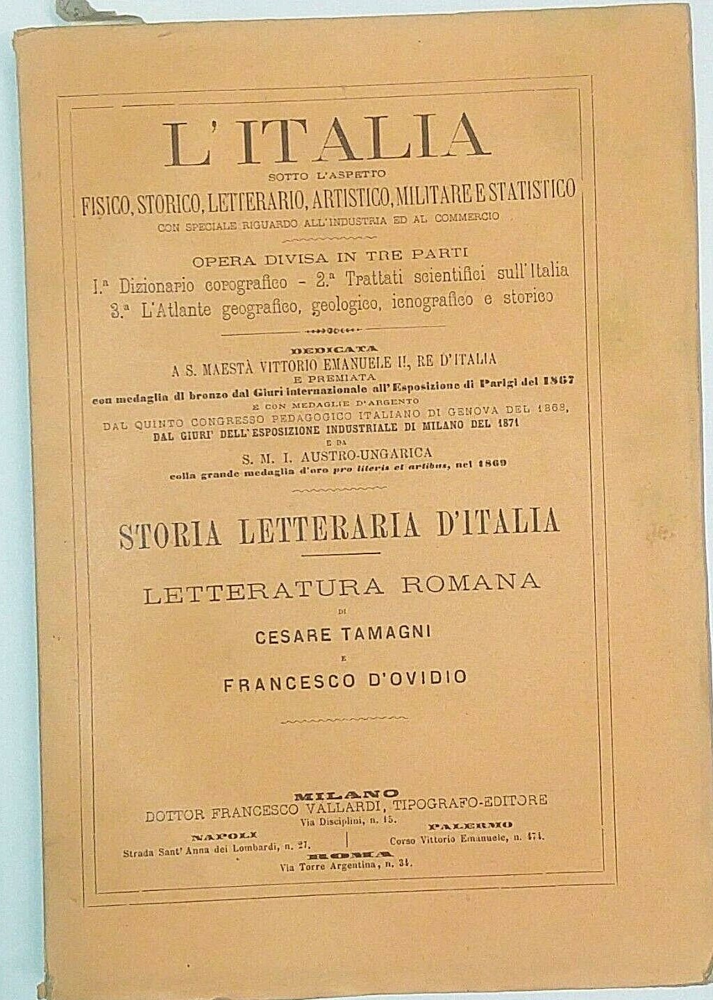 STORIA DELLA LETTERATURA ROMANA Tamagni D’Ovidio 1874 Vallardi libro saggistica