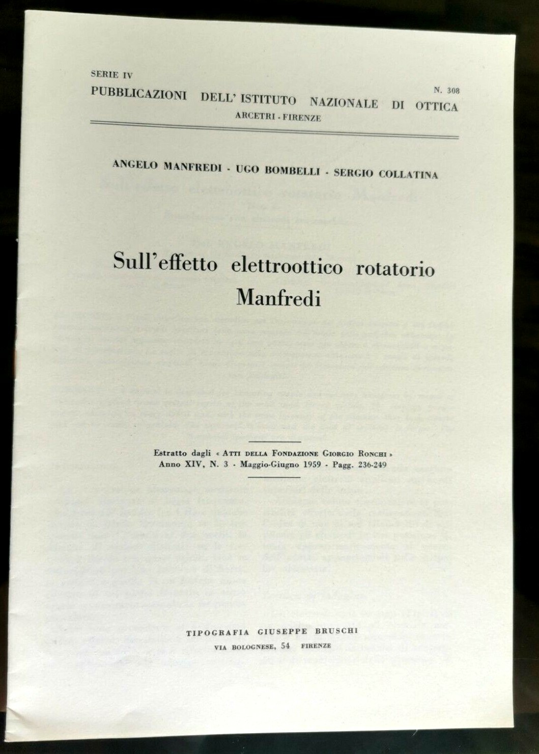SULL'EFFETTO ELETTROOTTICO ROTATORIO MANFREDI di Collatina Bombelli 1959 Libro