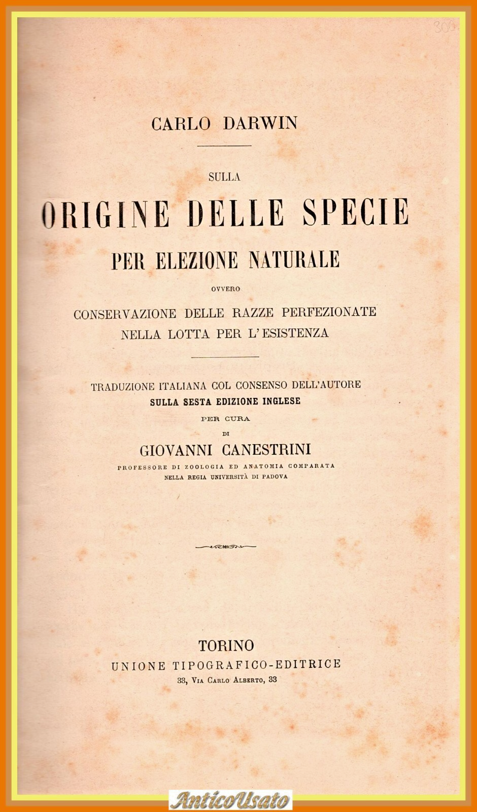 SULLA ORIGINE DELLE SPECIE di Carlo Darwin 1875 UTET Libro …