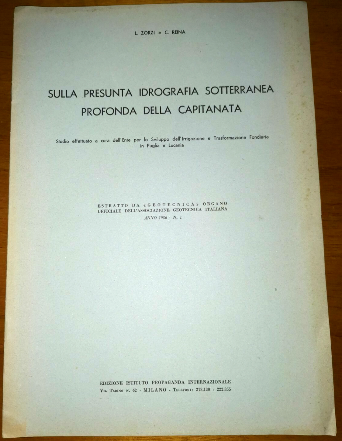 Sulla Presunta Idrografia Sotterranea Profonda Della Capitanata Zorzi Reina 1956