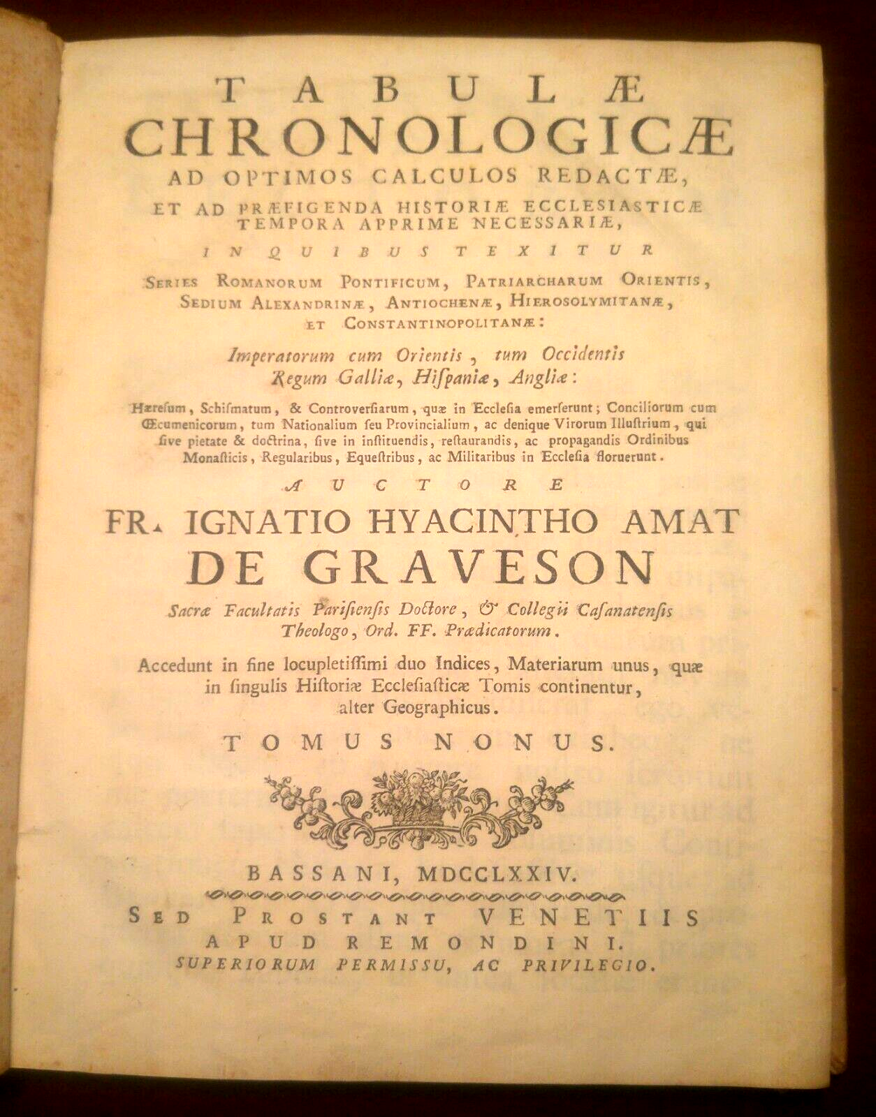 Tabulae Chronologicae historiae ecclesiasticae Tom 9 1774 Remondini libro Antico