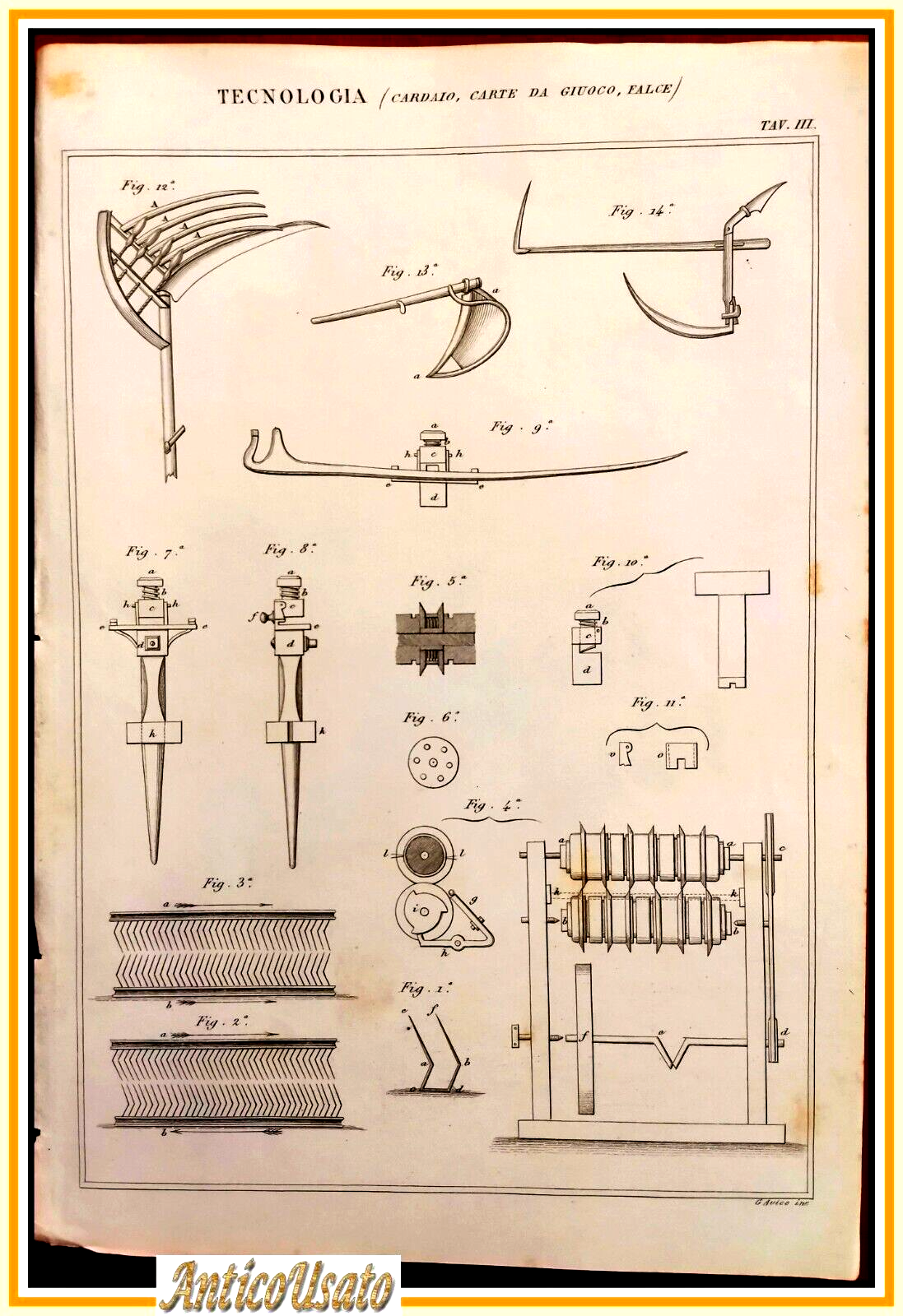 Tecnologia CARDAIO CARTE DA GIOCO FALCE Tavola Incisione Stampa Antica …