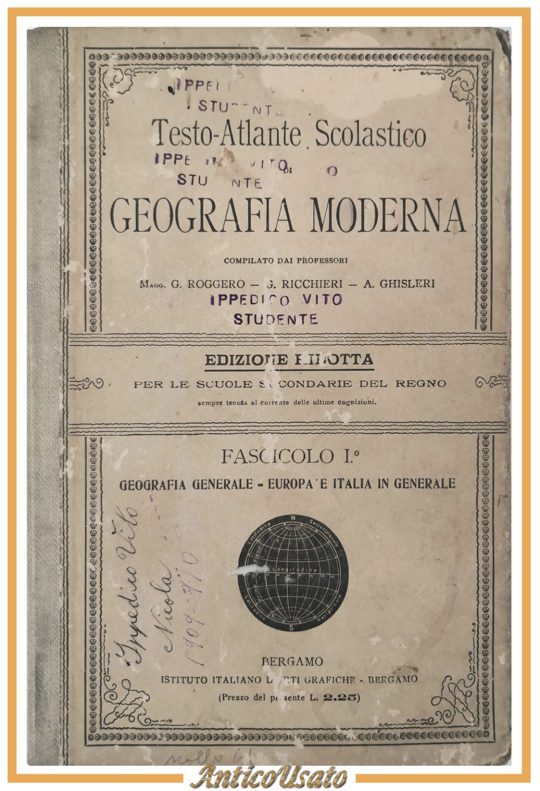 TESTO ATLANTE SCOLASTICO DI GEOGRAFIA MODERNA Ricchieri Ghisleri 1909 Libro