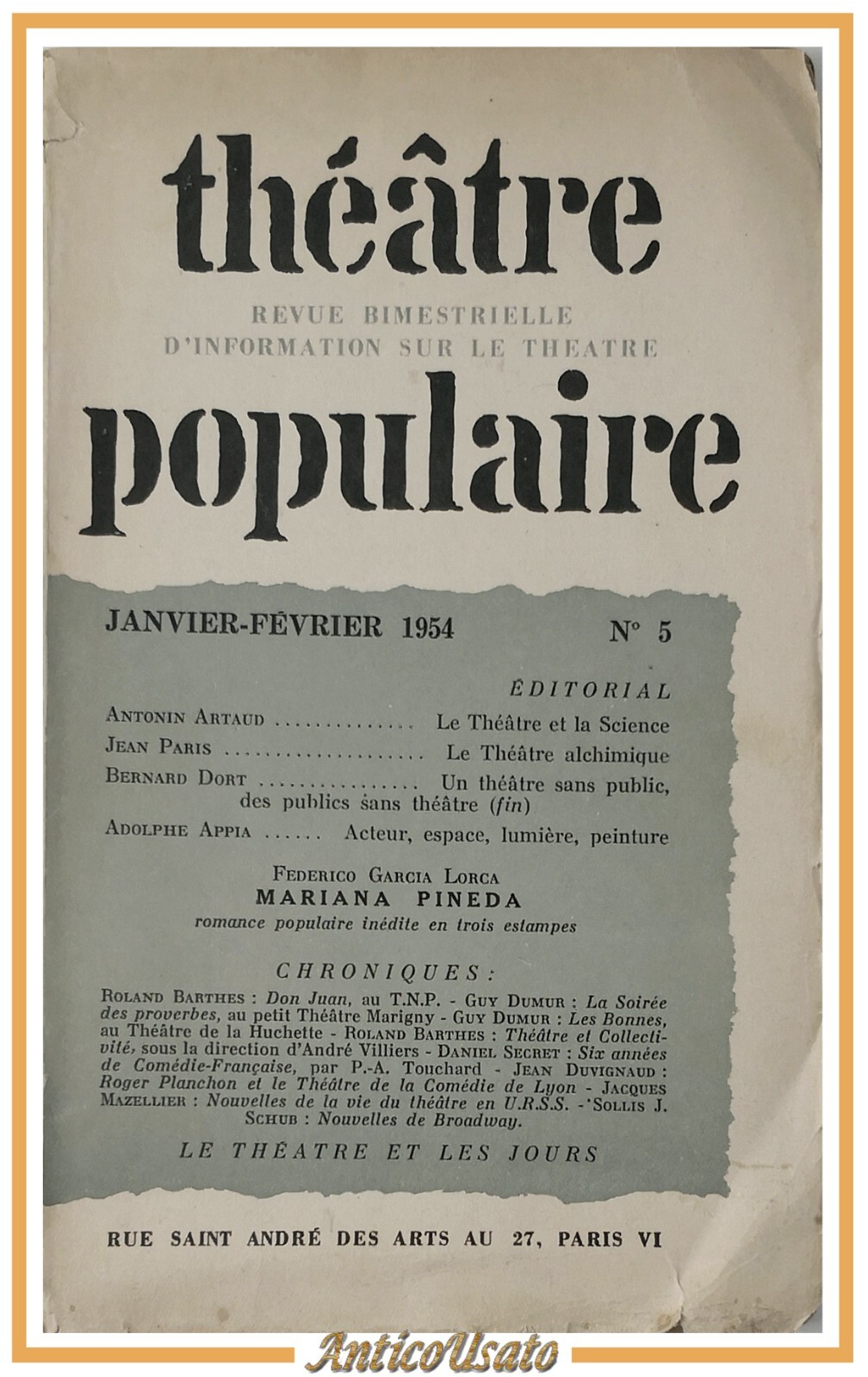 THEATRE POPULAIRE Numero 5 1954 Garcia Lorca Mariana Pineda Rivista …