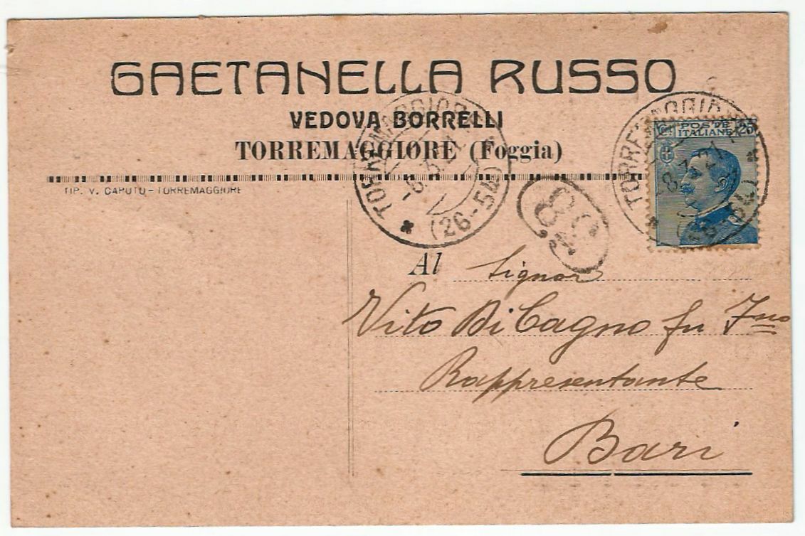 TORREMAGGIORE Gaetanella Russo vedova Borrelli FOGGIA Cartolina 1921 Vintage