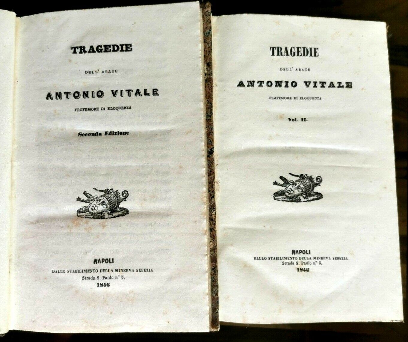 TRAGEDIE dell'abate Antonio Vitale 2 VOLUMI 1846 Minerva Sebezia libro …