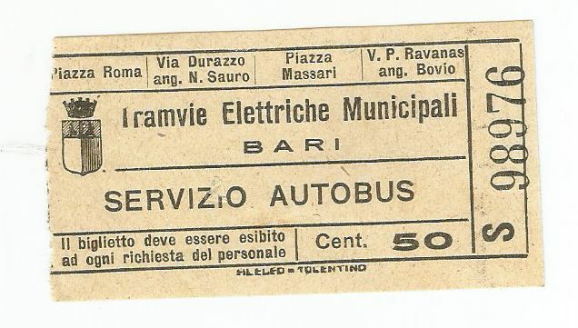 TRAMVIE ELETTRICHE MUNICIPALI BARI BIGLIETTO AUTOBUS servizio urbano cent. 50