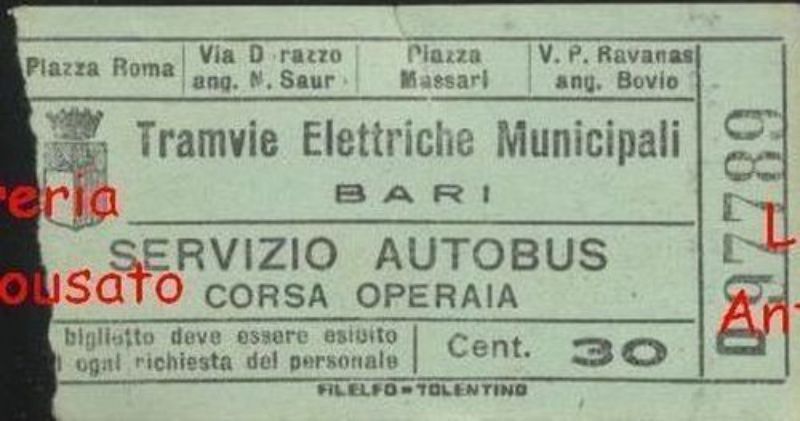 TRAMVIE ELETTRICHE MUNICIPALI BARI BIGLIETTO TRAM PRIMO DOPOGUERRA? cent.30