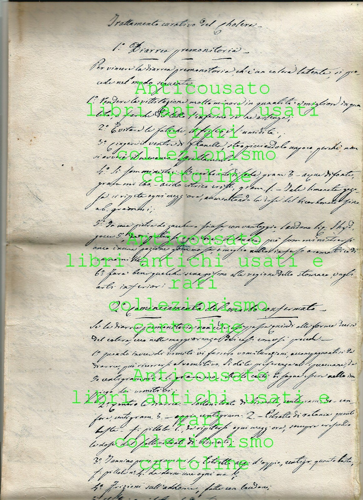 TRATTAMENTO CURATIVO DEL COLERA manoscritto del 1867 cholera ANTICO ORIGINALE