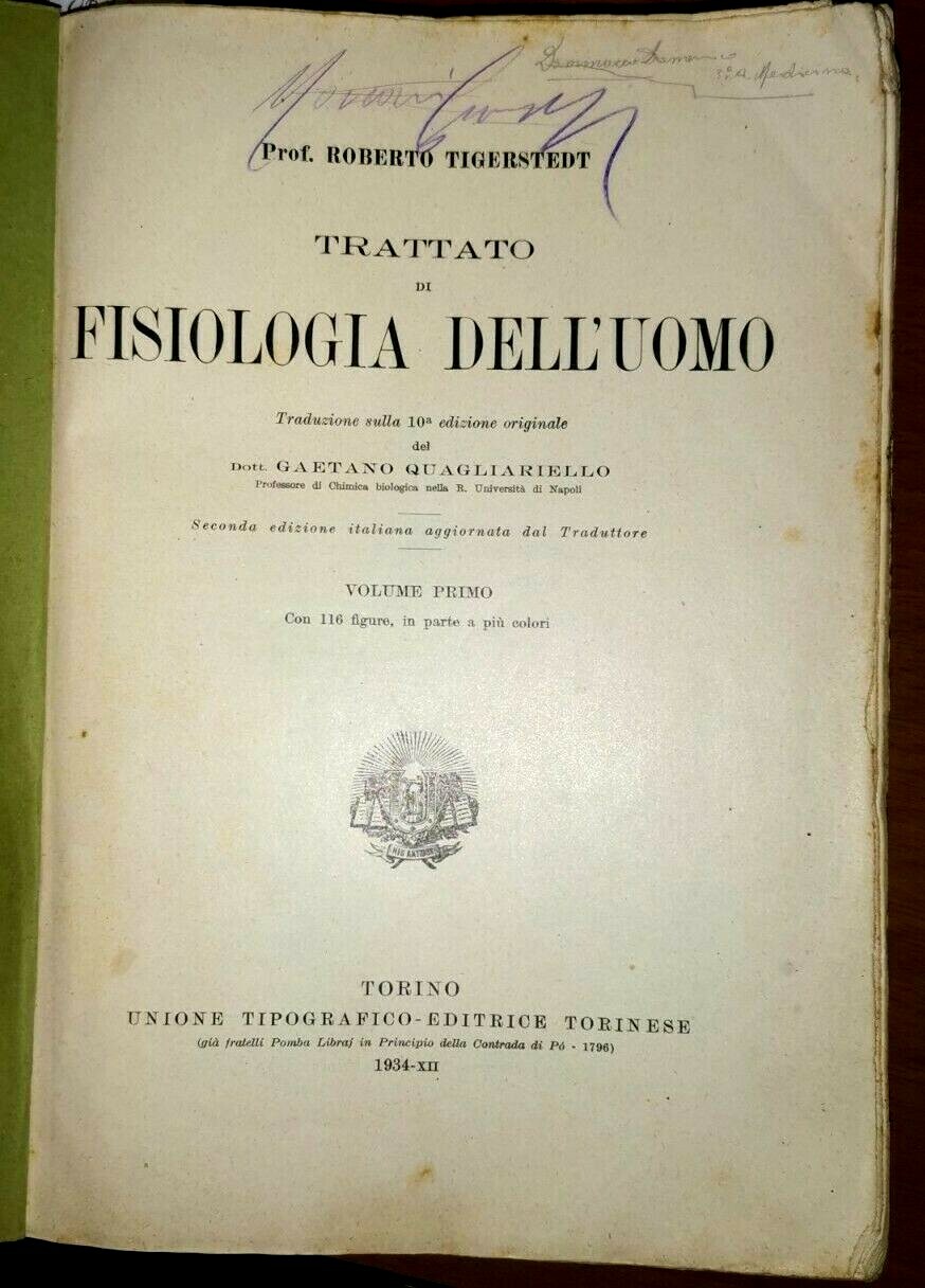 TRATTATO DI FISIOLOGIA DELL'UOMO VOLUME I di Roberto Tigerstedt 1934 …