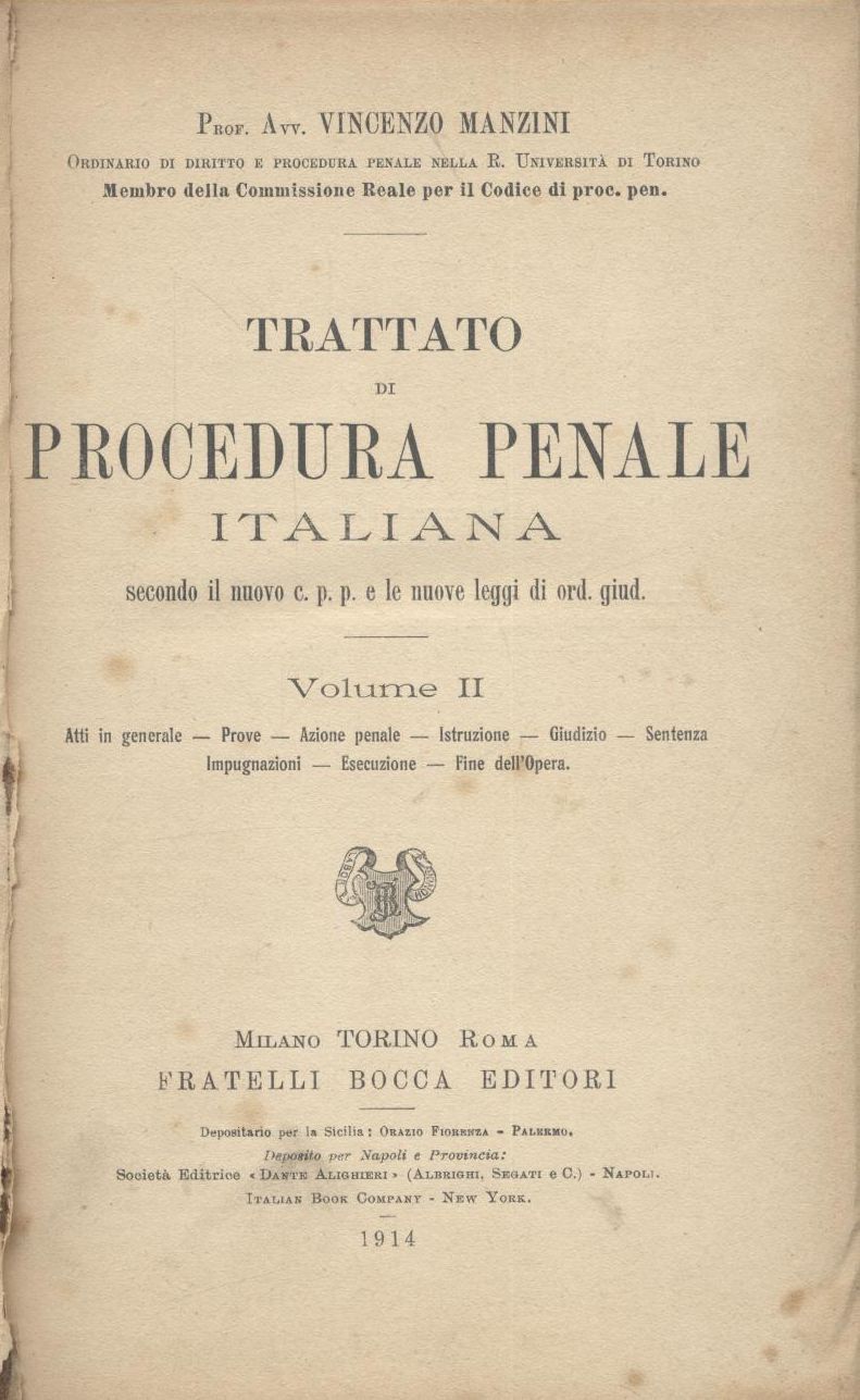 Trattato Di Procedura Penale Italiana volume II di Vincenzo Manzini …