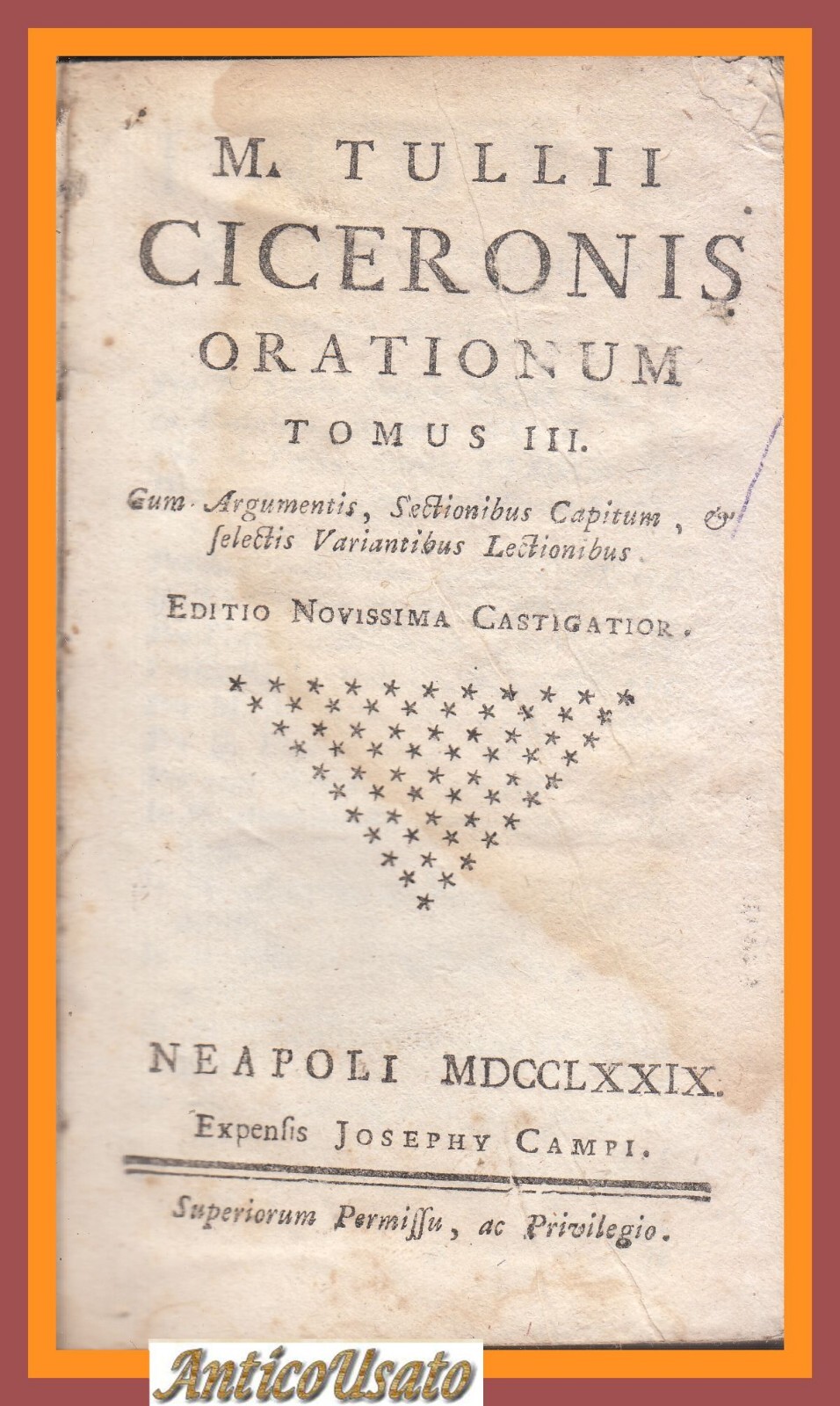 TULLII CICERONIS ORATIONUM 3 volumi Campi 1779 Libro Antico Orazioni …