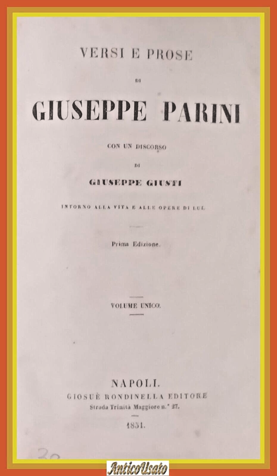 VERSI E POESIE di Giuseppe Parini 1851 Rondinella Libro antico …