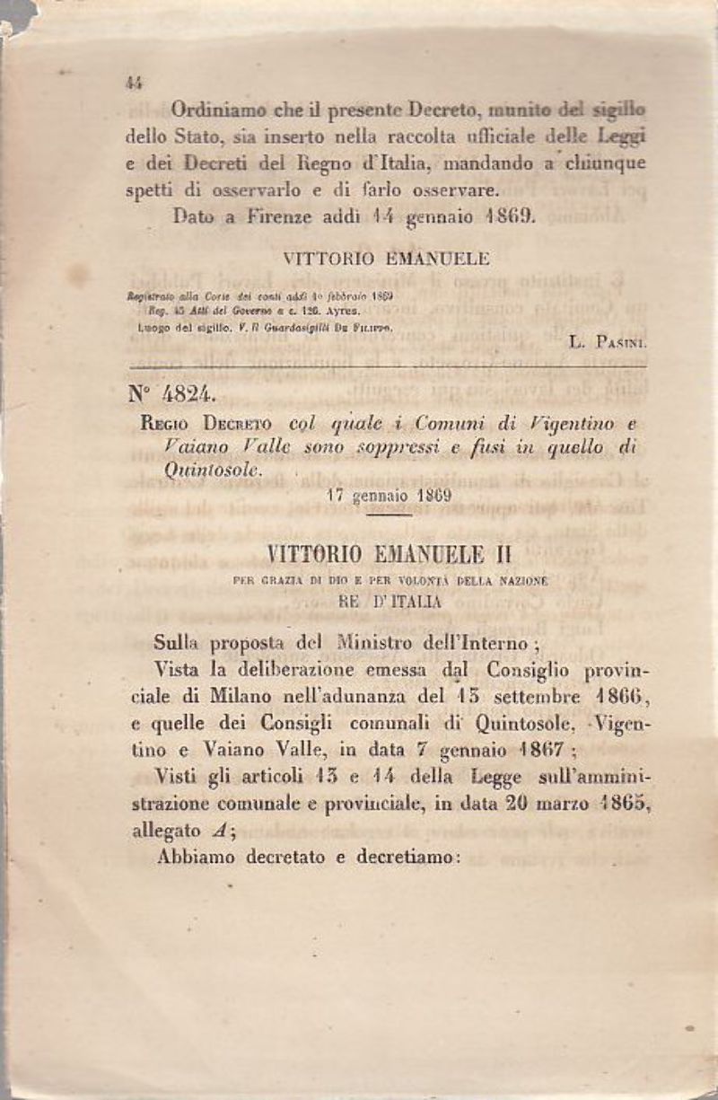 VIGENTINO VAIANO VALLE soppressi REGIO DECRETO 1869 QUINTOSOLE originale antico