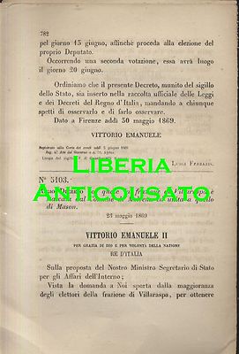 VILLARASPA Staccata da MOVENA Unito MASON - REGIO DECRETO 1869 …