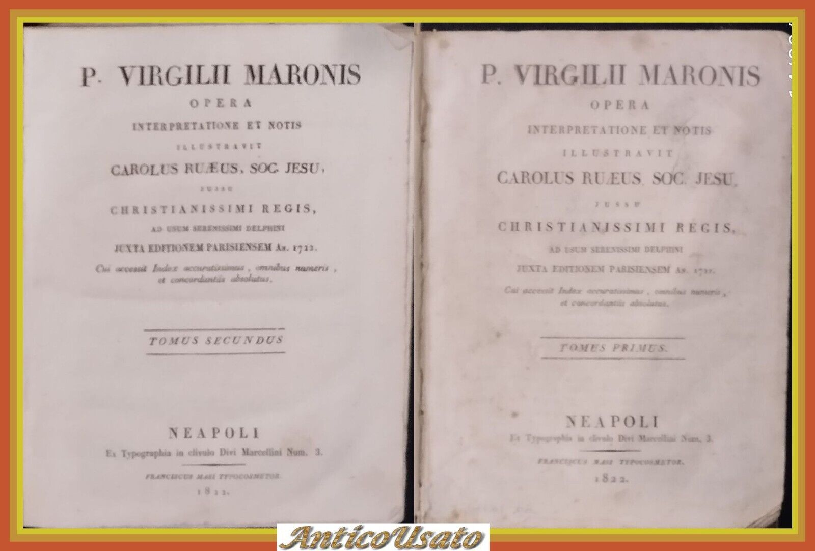 VIRGILII MARONIS OPERA 2 VOLUMI 1822 Masi Libro antico Eneide …