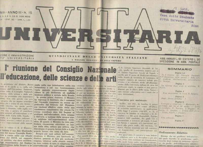 VITA UNIVERSITARIA 5 maggio 1939 quindicinale università italiane giornale