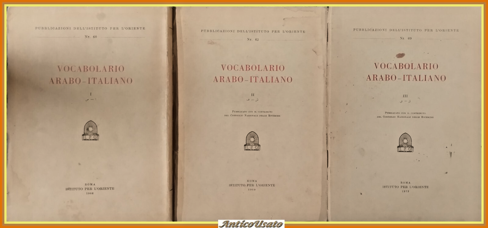 VOCABOLARIO ARABO ITALIANO 3 volumi completo 1969 Istituto Per L'Oriente …