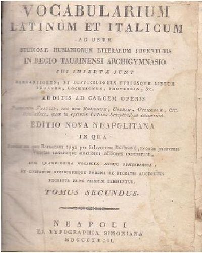 VOCABULARIUM LATINUM ET ITALICUM vol 2 di Salvatore Baldassari 1818 …
