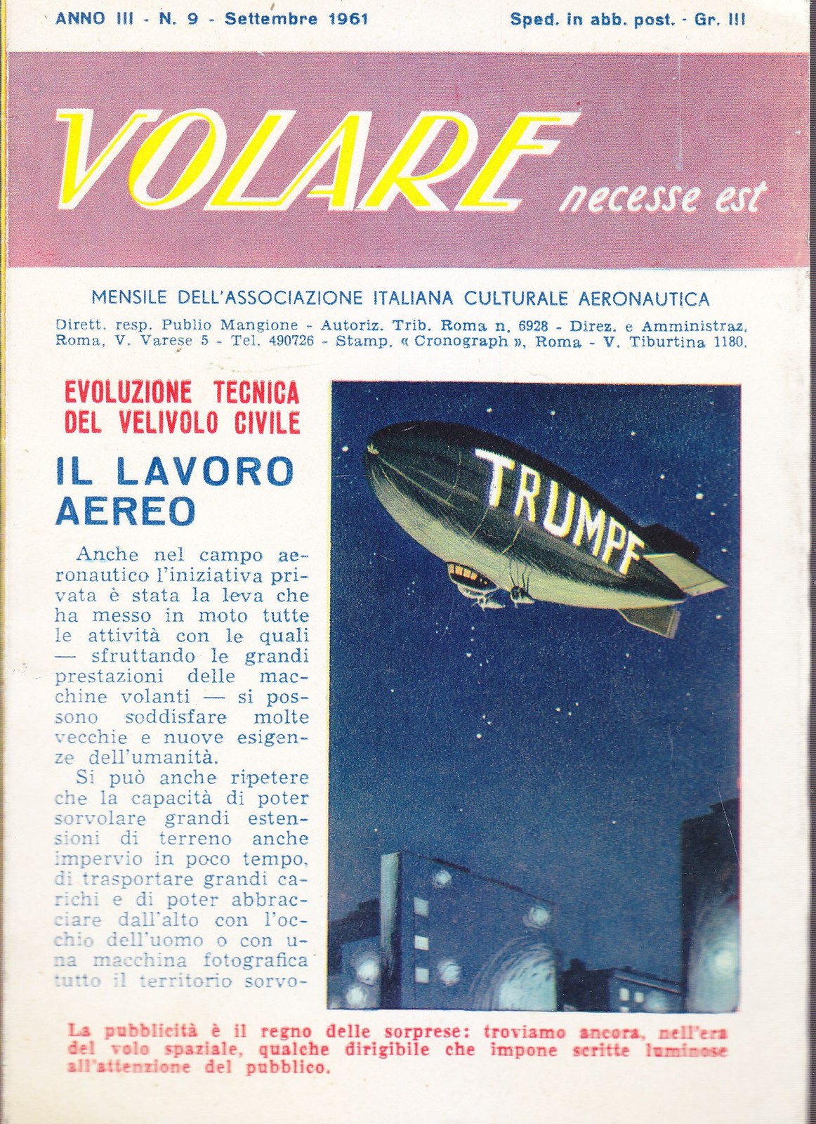 VOLARE NECESSE EST rivista 9 settembre 1961 Associazione Italiana aeronautica