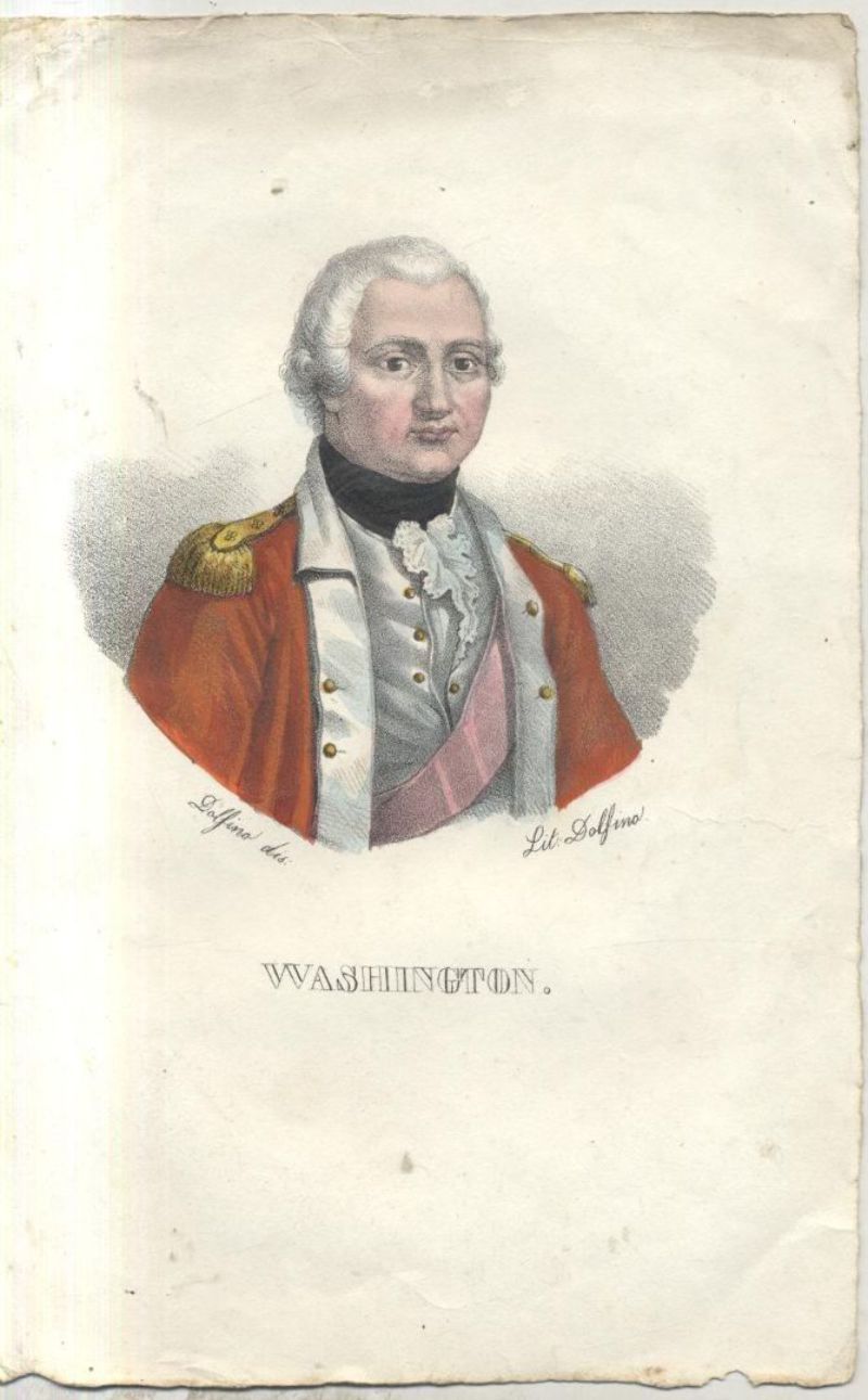 Washington Litografia firmata Dolfino Acquerellata 800 Originale Antica Stampa