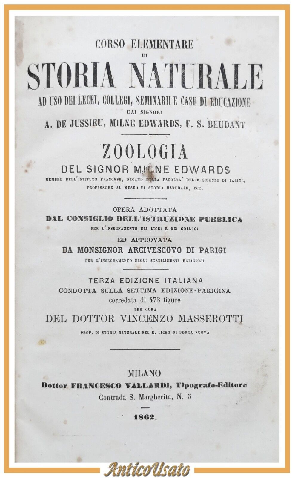 ZOOLOGIA di Milne Edwards 1862 Vallardi Storia Naturale Libro Antico