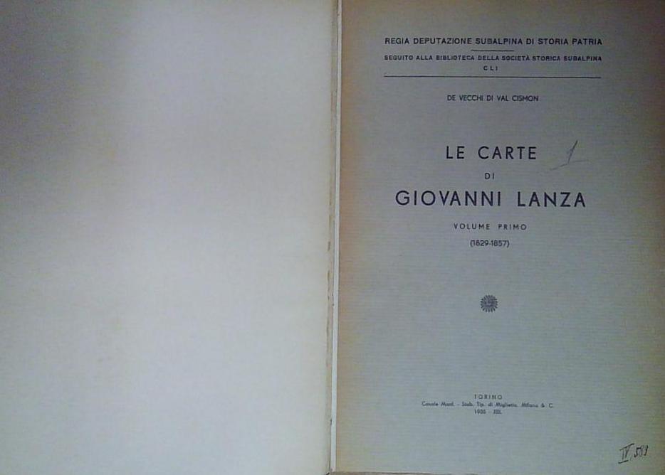 LE CARTE DI GIOVANNI LANZA VOLUME PRIMO