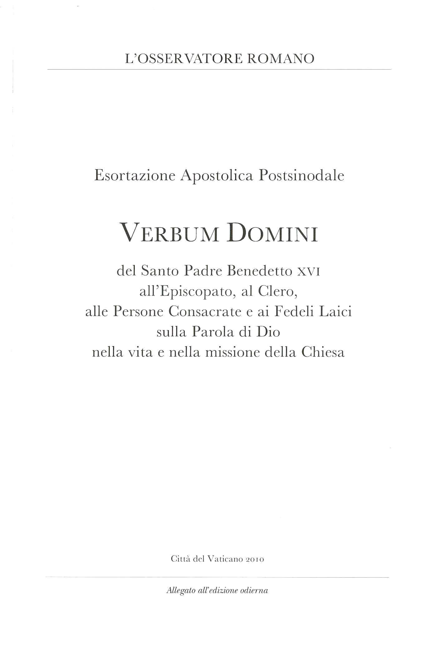 Esortazione apostolica postsinodale Verbum Domini del Santo Padre Benedetto 16 …