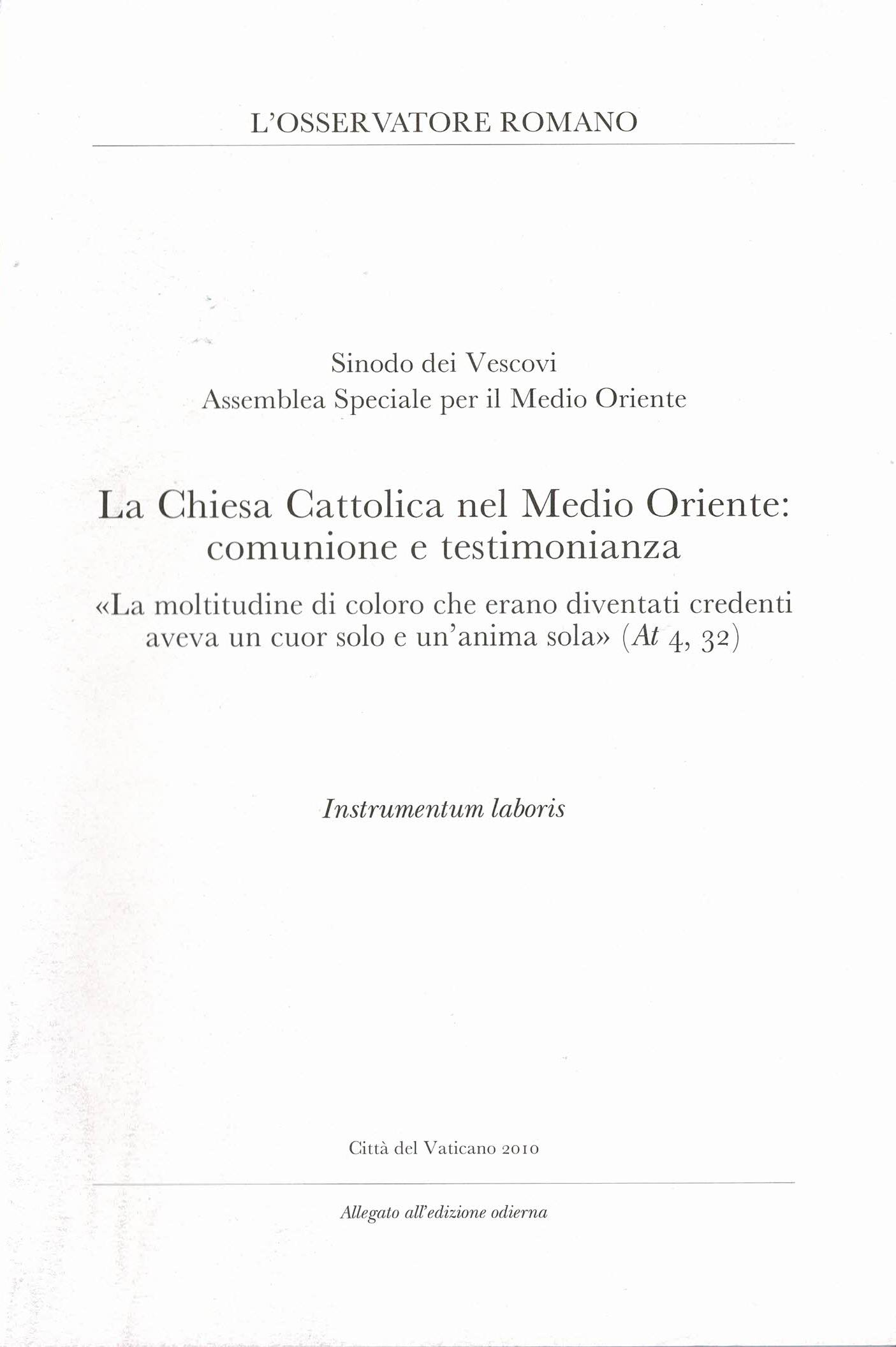 Sinodo dei Vescovi Seconda Assemblea Speciale per il Medio Oriente …