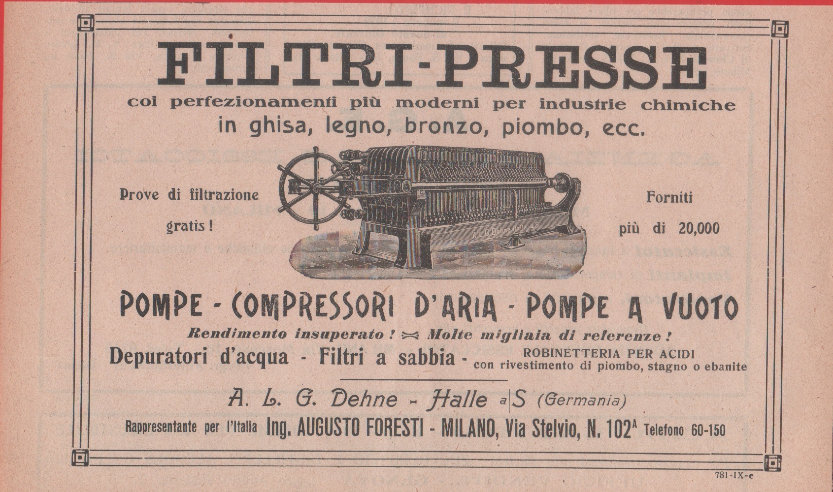 A.L.G. Dehne-Halle. Filtri-presse. Advertising 1926