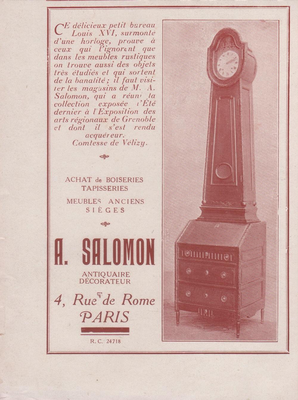 A. Salomon. Antiquaire, decorateur. Paris. Advertising 1924