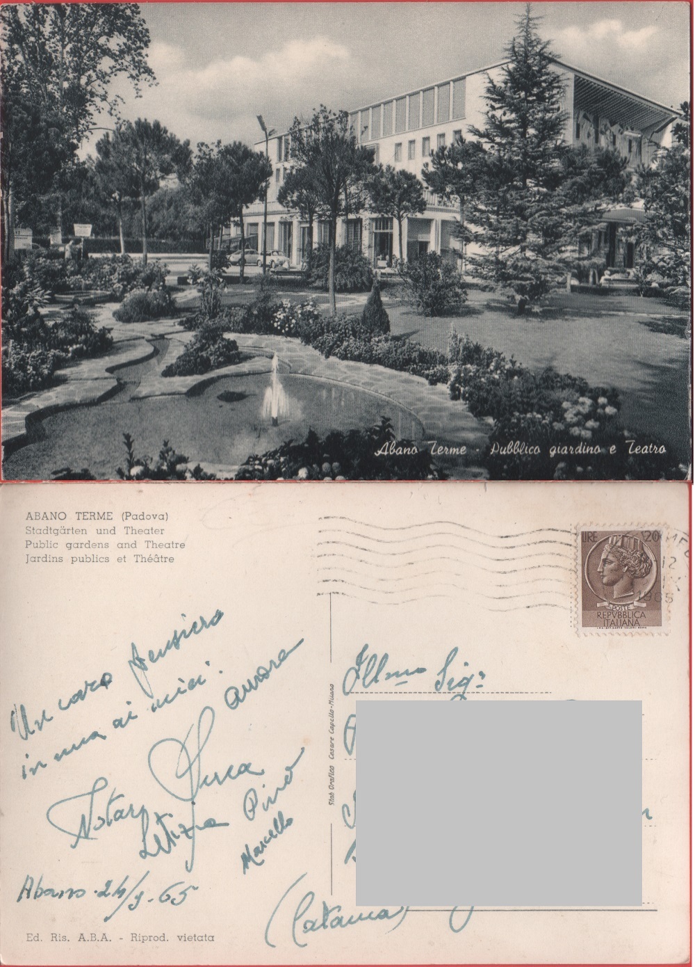 Abano Terme. Pubblico giardino e teatro. Viaggiata 1965