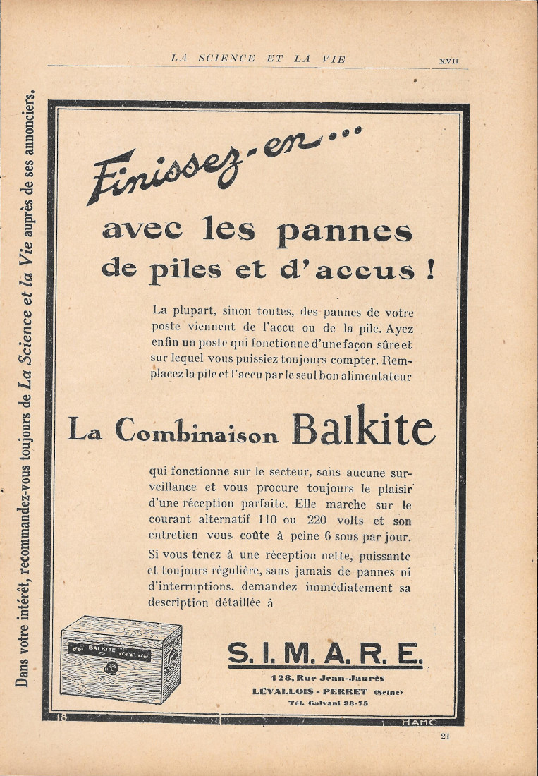 Accumulateur Balkite SIMARE - Advertising 1928