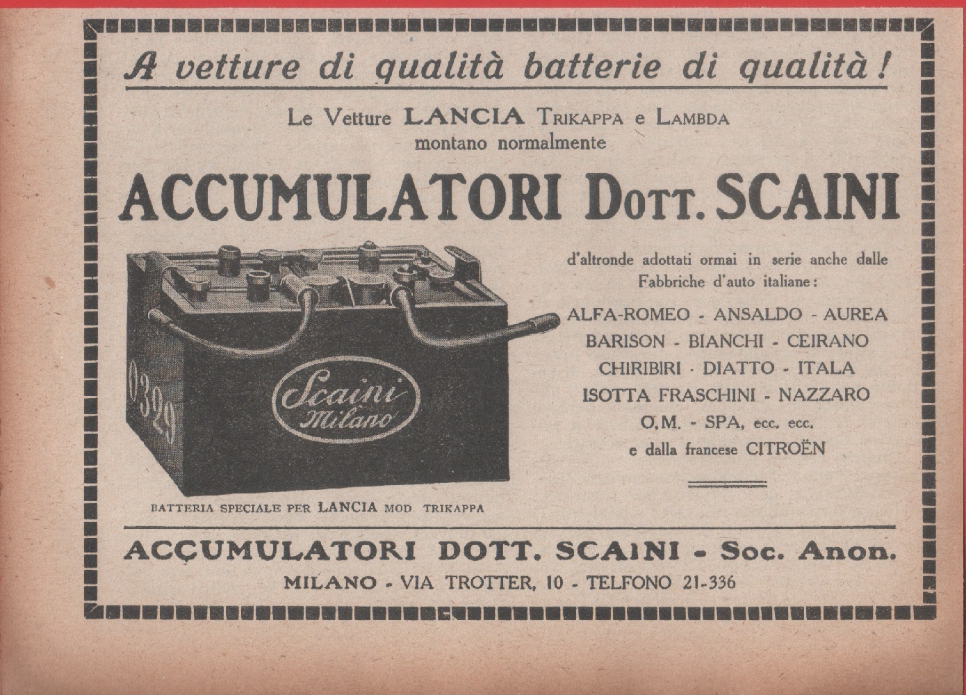 Accumulatori dott. Scaini, Milano. Advertising 1924