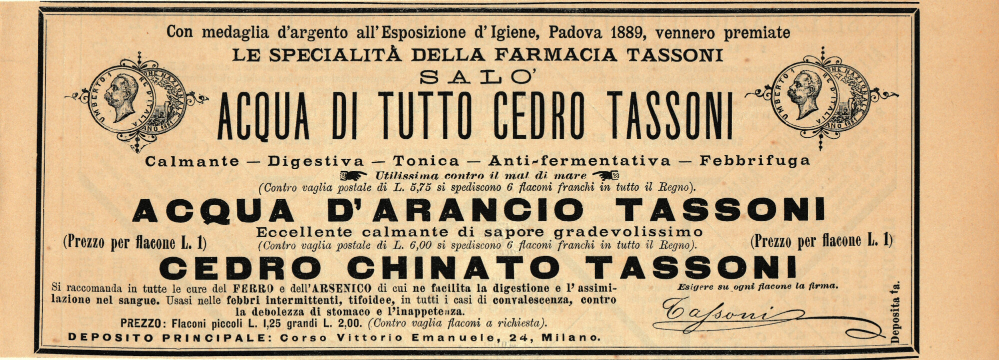 Acqua di tutto cedro, acqua d'arancio, cedro chinato Tassoni. Advertising …