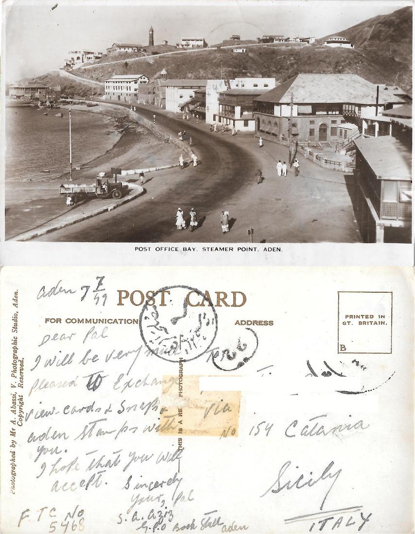 Aden, Post Office Bay, Steamer Point. Viaggiata 1949