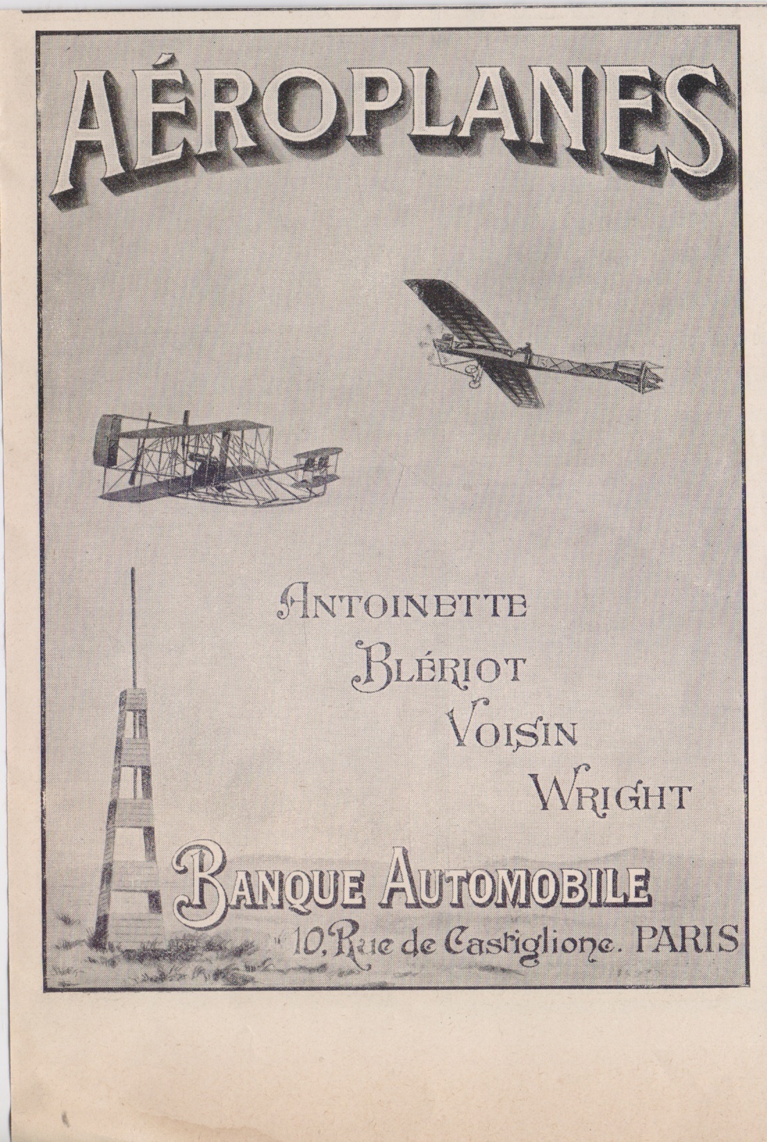 Aeoplanes. Banque Automobile Paris. Advertising 1910