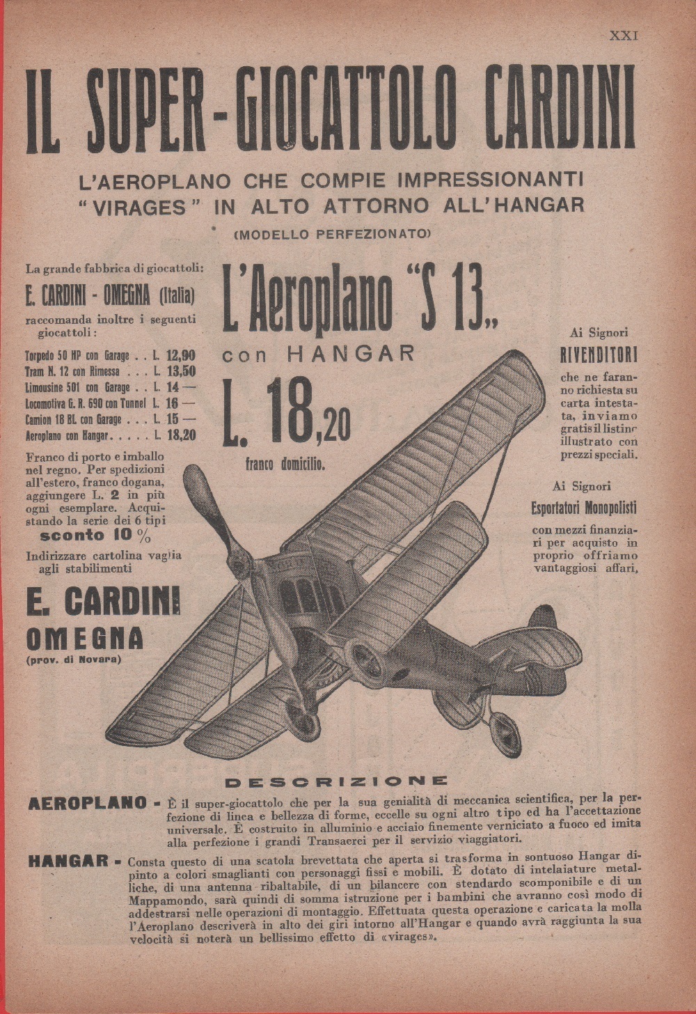 Aeroplano S13 con hangar. Supergiocattolo Cardini. Advertising 1926