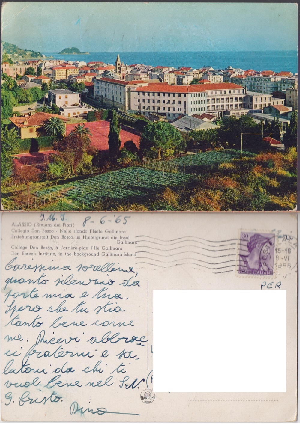Alassio (SV). Collegio Don Bosco. Viaggiata 1965