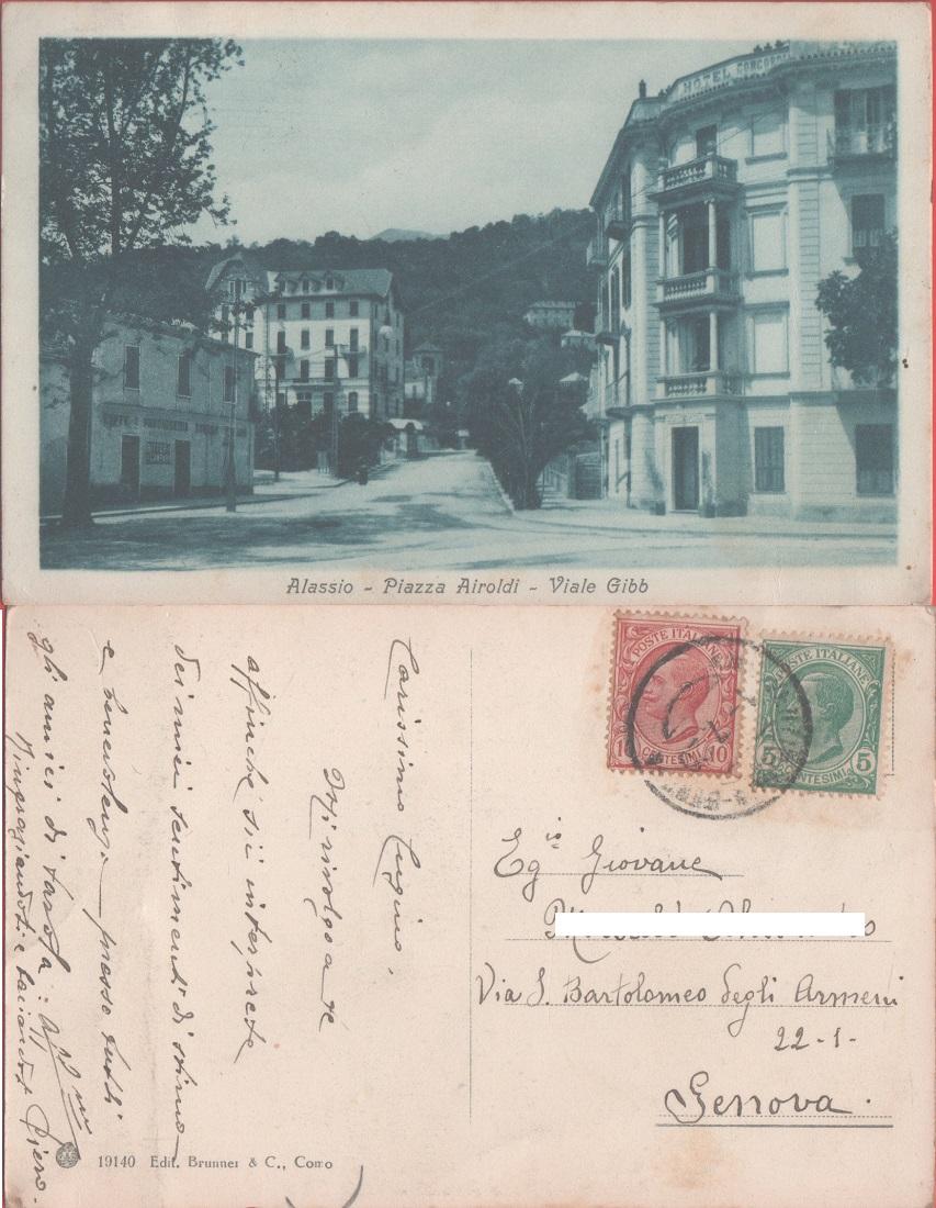 Alassio (SV). Piazza Airoldi. Viale Gibb. Viaggiata 1920