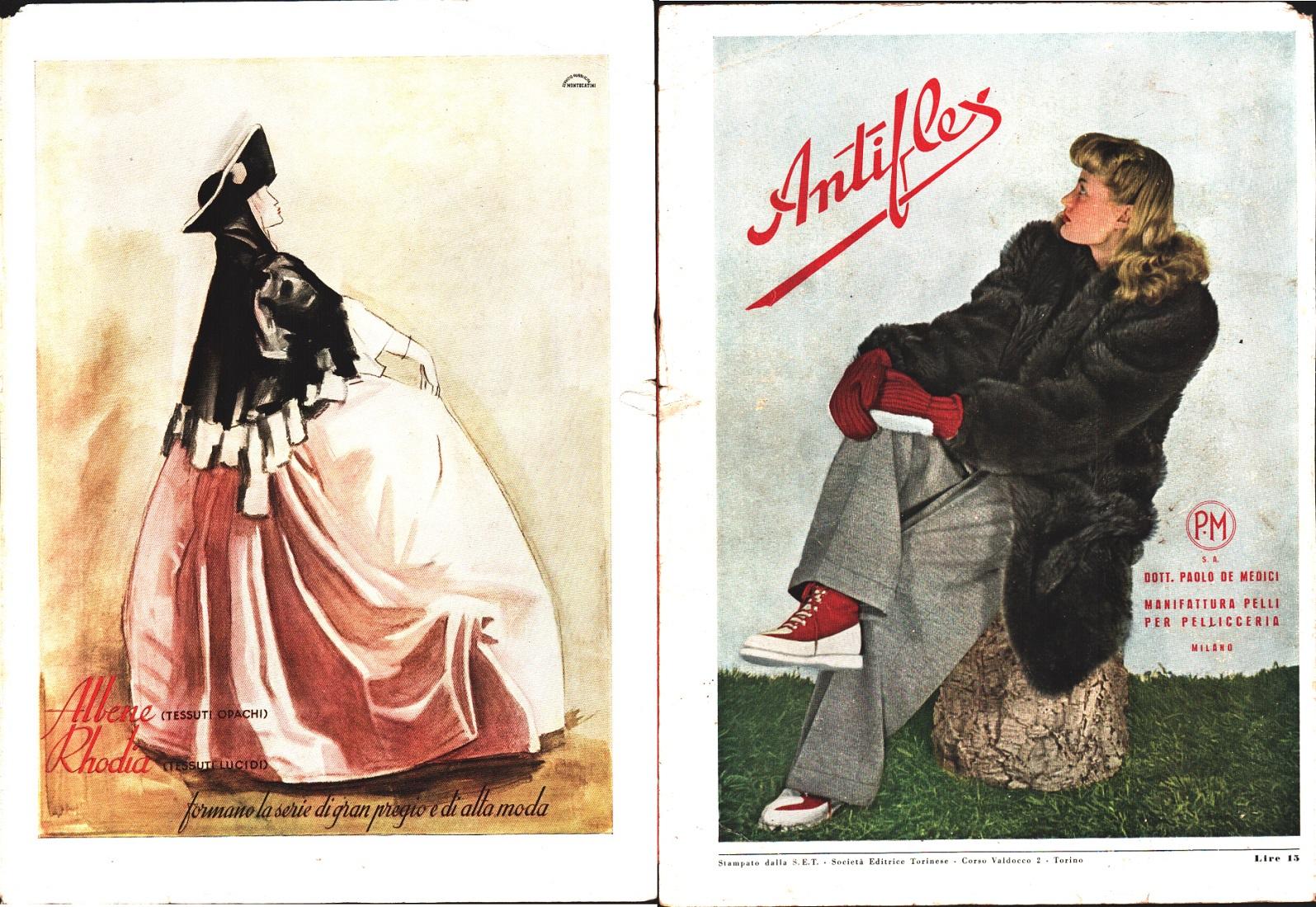 Albene e Rhodia tessuti Montecatini/ Antiflex pellicceria. Pubblicità 1941