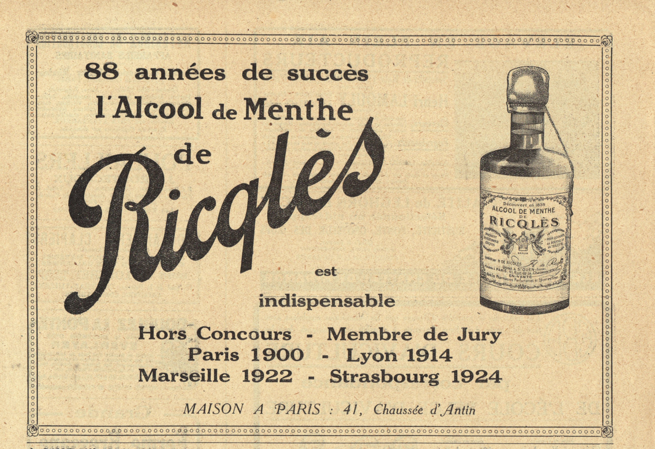 Alcool de Menthe de Ricqles. Advertising 1926