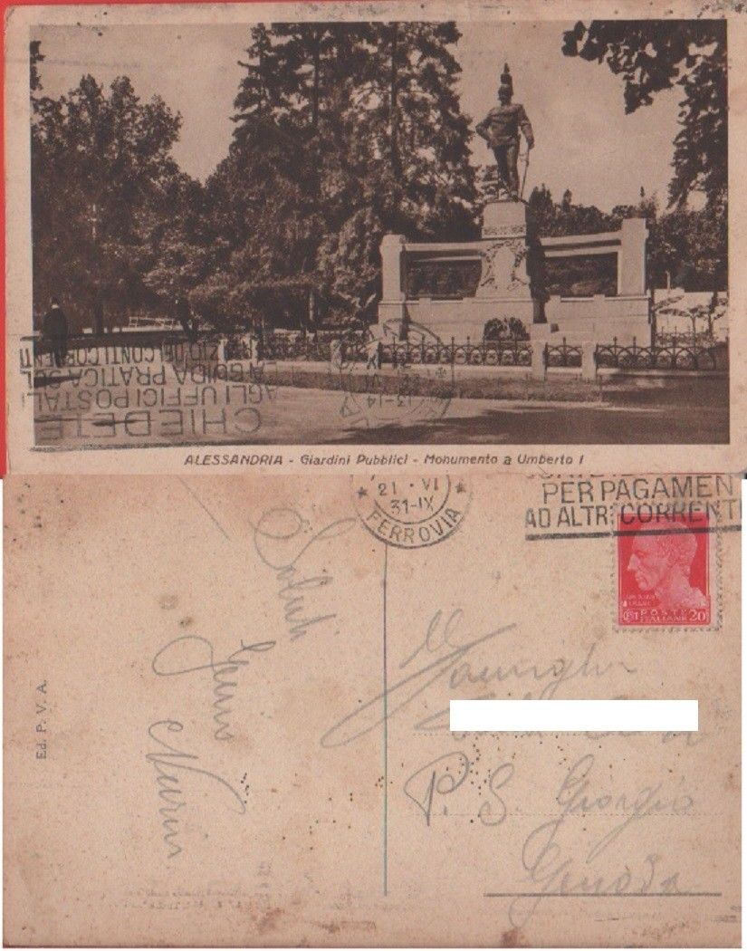 Alessandria. Giardini pubblici. Monumento a Umberto I. Viaggiata 1931