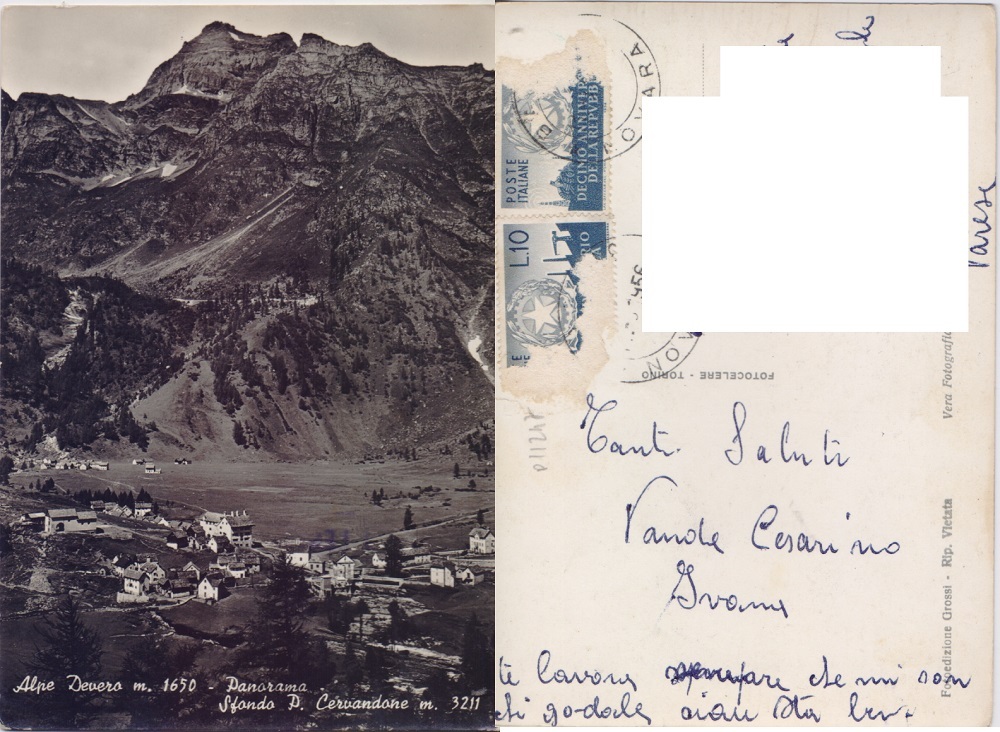 Alpe Devero (VB). Sfondo P. Cervadone. Viaggiata 1956