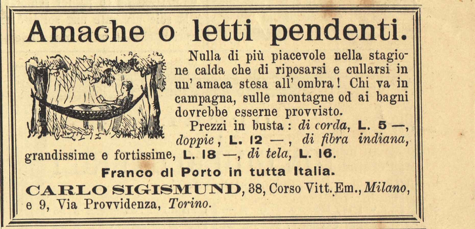 Amache o letti pendenti. Carlo Sigismund, Torino. Advertising 1889