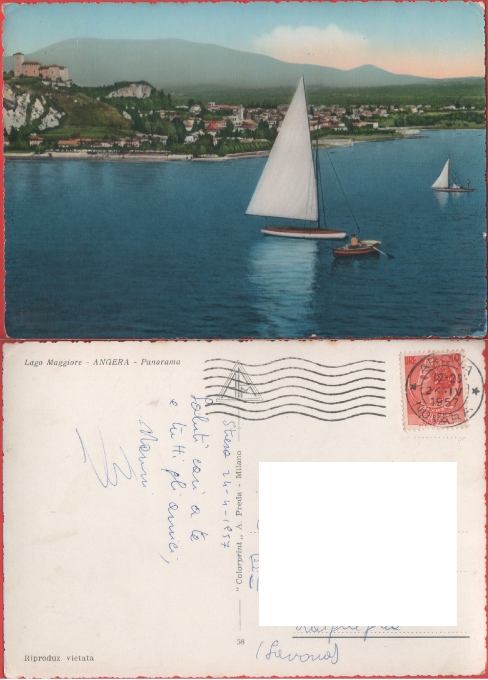 Angera (NO). Panorama. Viaggiata 1957