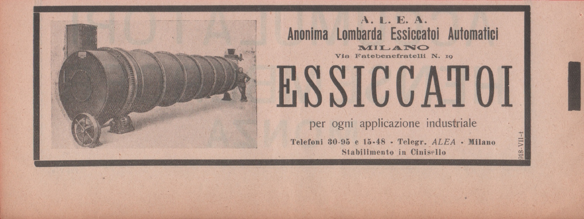 Anonima Lombarda Essiccatoi Automatici, Milano. Advertising 1926