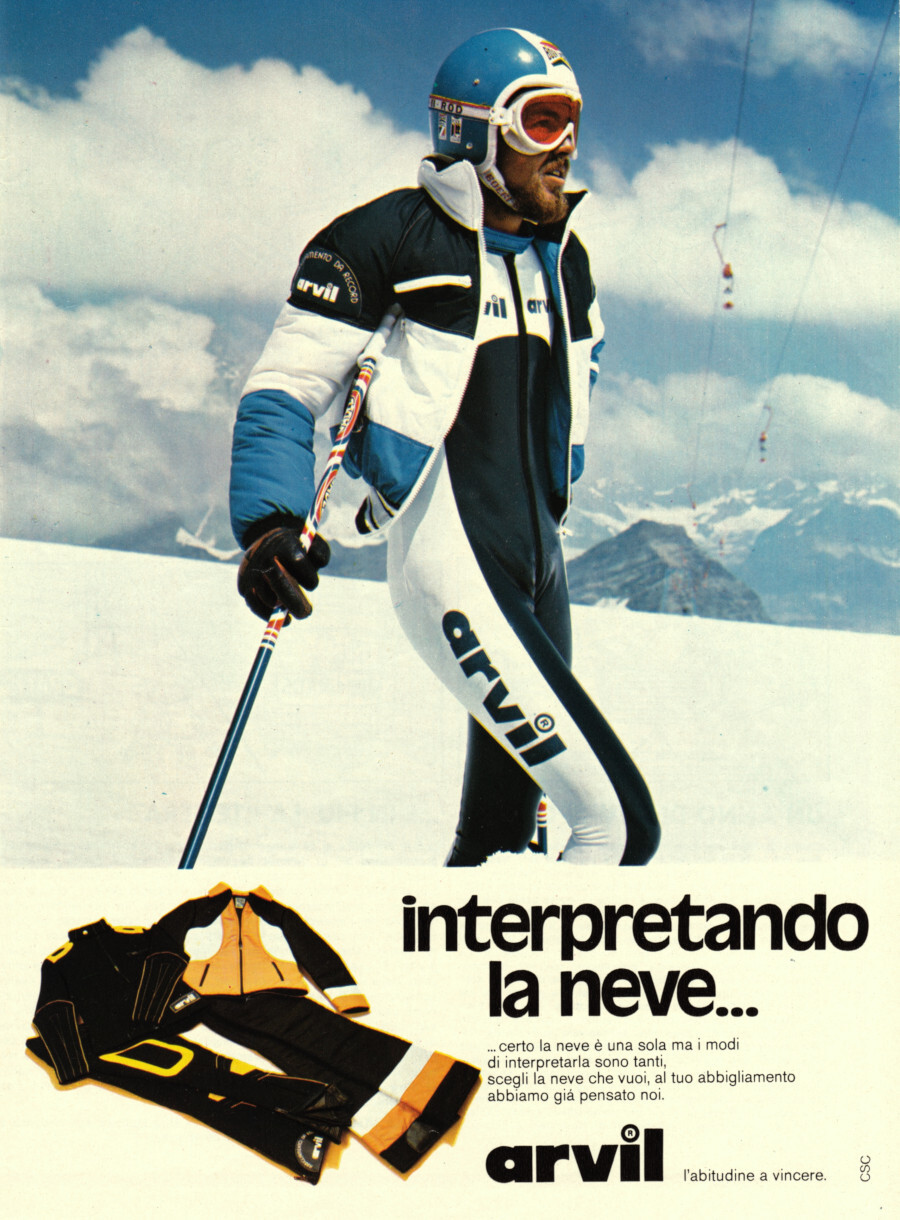 Arvil abbigliamento, interpretando la neve.... Advertising 1976