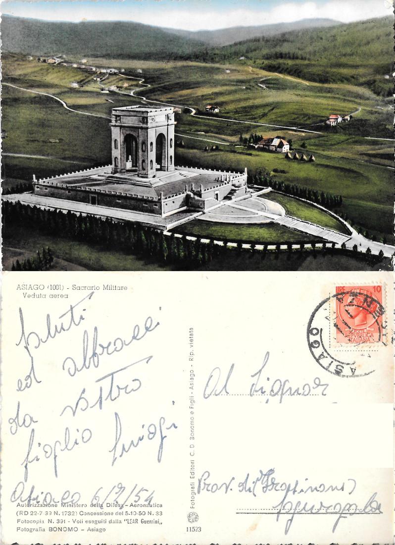 Asiago. Sacrario Militare. Veduta aerea. Viaggiata 1954