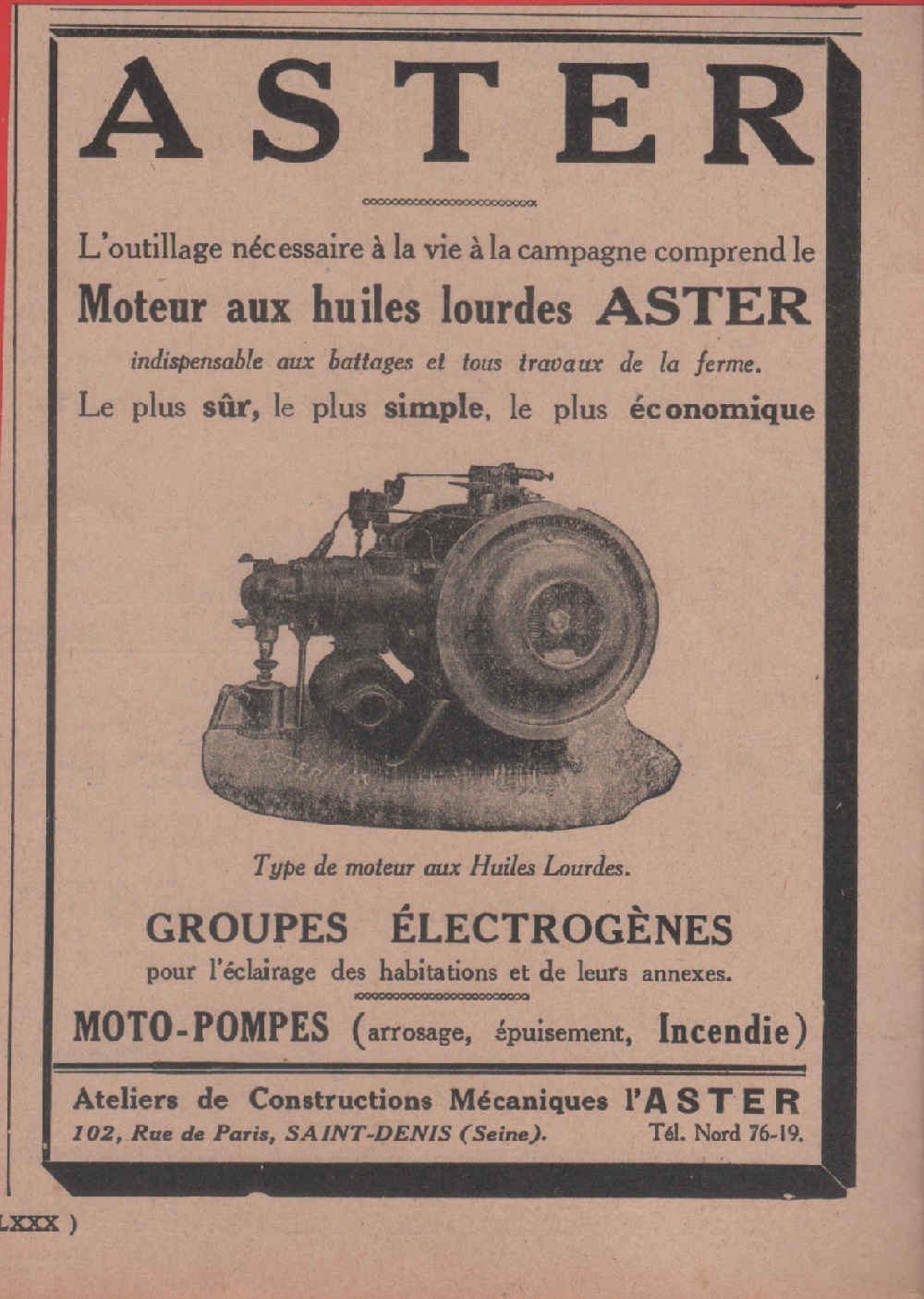 Aster. Moteur aux huiles lourdes. Advertising 1928